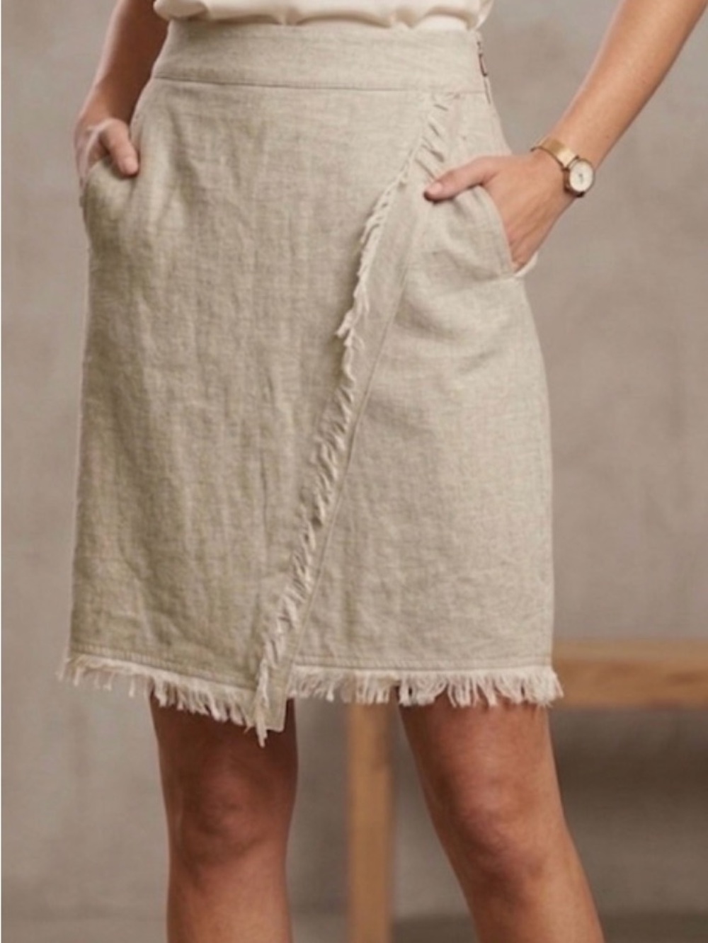 Bandolera Neutral Frayed Edge Linen-Blend Skirt - Classic Casual